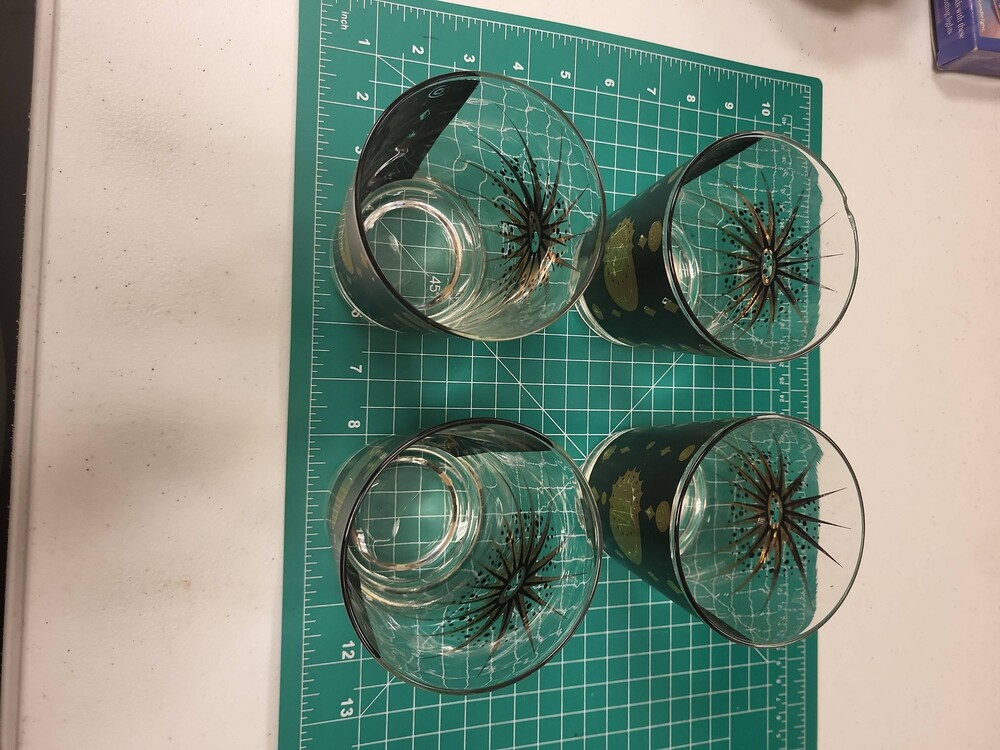 Fred Press Mid Century Modern Glasses Set 4 Gold Starburst Design 4" Tall
